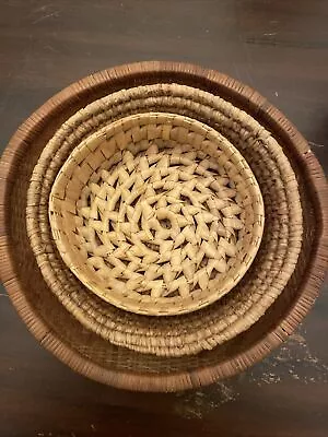 3 Vintage HandmadeGrass Tightly Woven Braided Nesting Baskets Round • $15