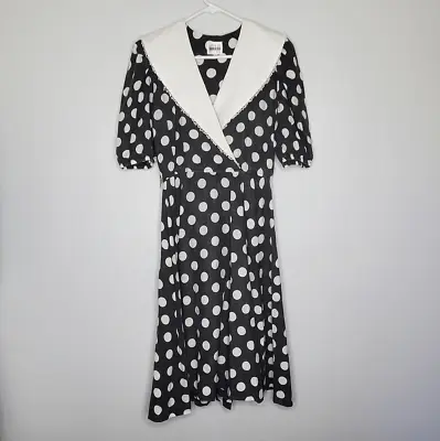 Leslie Fay 14 Rockabilly Polka Dot Dress Brown White Fit And Flare 50's Vintage • £77.10