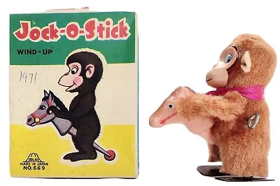 Jock-O-Stick Furry Mechanical Wind Up Toy Monkey Riding Stick Horse Japan No 669 • $24.99