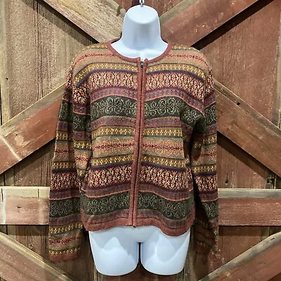 Vintage Dress Barn Fair Isle Full Zip Sweater Large Zip Pull Browns Fall Earthy • $19.99