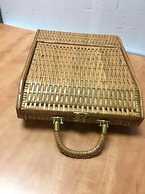 Vintage Wicker 3 Wine Bottle Basket Purse Satchel W/ Wood Sides 14  X 12  X 4  • $24.99