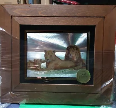 [C1] -- Vtg Josephine Marsh 3-D Foil Art Print Lion Family Image Wood Frame 1978 • $15