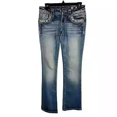 Miss Me Boot Cut Embroidered Jeans Medium Wash Western Denim Womens 25 Hippie  • $42