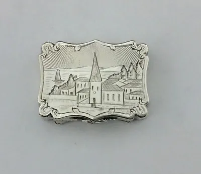 Antique Castle Top Solid Silver Vinaigrette Engraved Scene Nathaniel Mills • £1250