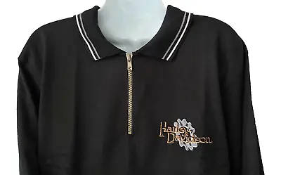 Harley Davidson LS Black Polo Shirt 14th Zip Embroidered GEARS Chest42in Mens M • $42.79