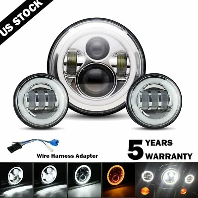 7  Inch Chrome LED Projector Motor Headlight + Passing Lights For Harley Touring • $59.97