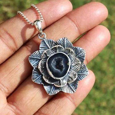 Vintage Blooming Lotus Flower Oxidized Silver 925 Mexican Tabasco Geode Pendant • £90.07