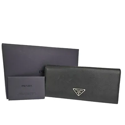 PRADA Saffiano Long Bifold Wallet Purse Leather Black Nero SHW Italy 09YD693 • $150.10