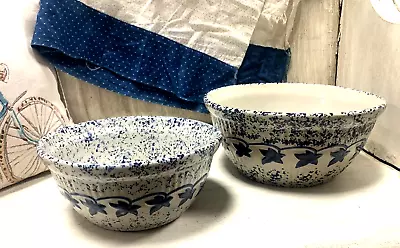 VINTAGE 2pc WESTERN STONEWARE MONMOUTH IL POTTERY BUE SPONGEWARE MIX BOWLS (13E • $105.99