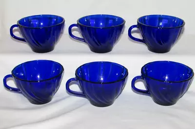 Duralex Vereco France Rivage Cobalt Blue Glass Swirl Tea/coffe Cup Set Of 7 Lot • $60