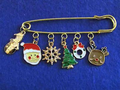 Gold Safetypin/kilt Brooch With 6 X Xmas Theme Charms- New • £2.99