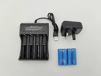 4 X 14500 Lithium Rechargeable Battery 3.7v Button Top+4Port Charger+USB Charger • £12.90