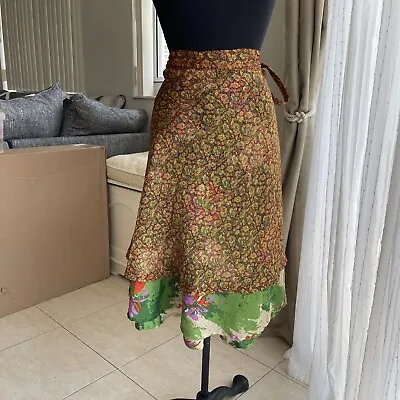 Handmade Magic Wrap Skirt 2 Layer Midi Wrap Skirt Vintage Silk Sari • $18