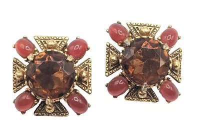 Vintage Florenza Signed Gold Tone Rhinestone Maltese Cross Clip On Earrings • $39