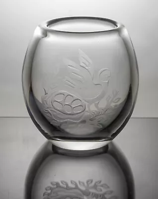 Hadeland Scandinavian Art Glass Vase Owl Engraved By Lars Fletre 1950s MCM • £18