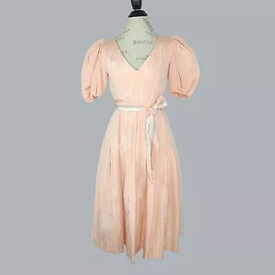 Vintage 60s Womens Dress 4 Peach Fit Flare Puff Sleeve Midi • $98.64