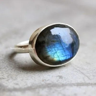 Natural Blue Fire Labradorite Ring 925 Silver Cabochon Stone Jewelry Oval Rings • $11.89