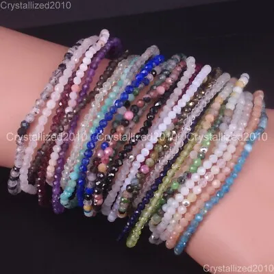 $5.18 • Buy Natural Faceted Round Gemstone 2mm 3mm 4mm Handmade Beads Stretchy Bracelet 925