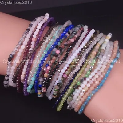 Natural Faceted Round Gemstone 2mm 3mm 4mm Handmade Beads Stretchy Bracelet 925 • $4.86