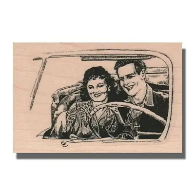 Wood Rubber Stamp COUPLE IN CAR Kiss Lady Love Woman Hug Man Romance • $10.94