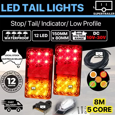 LED TRAILER TAIL LIGHT KIT PAIR PLUG 8m 5 CORE WIRE CARAVAN UTE 7 PIN FLAT • $43.95