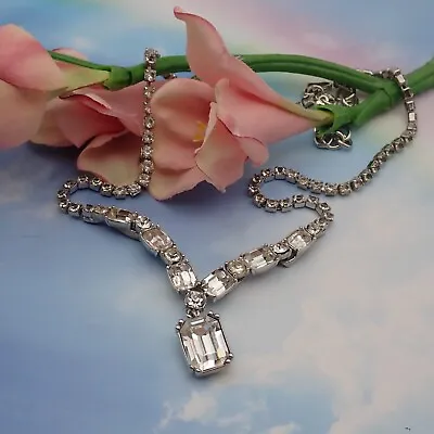 Vintage Monet Rectangle Round Clear Rhinestone Drop Pendant 18  Necklace • $29.95