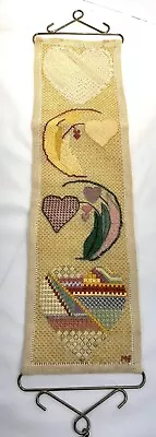 Vintage Needlepoint Bell Pull Wall Hanging Handmade Hearts And Moon Cottage Core • $48.99