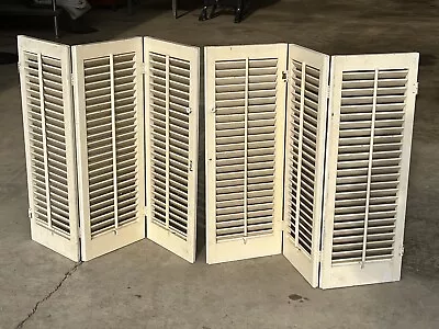 Vtg Pair Shabby Chic White Painted Tri-fold Wood Window Shutters Louver • $150