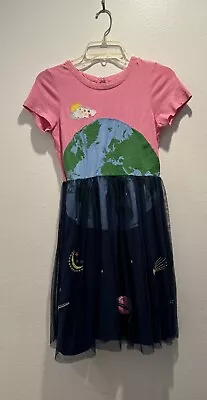 Mini Boden Size 11-12Y Space Earth Tulle Appliqué Dress Pink Navy Artsy RARE • $40.50