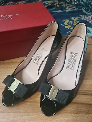 Salvatore Ferragamo Black Patent Leather Peep Toe Heels - Shoe Size 7.5 • $250