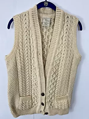 Vintage Aran Sweater Wool Irish Cableknit Long Vest 3 Buttons 40 • $18