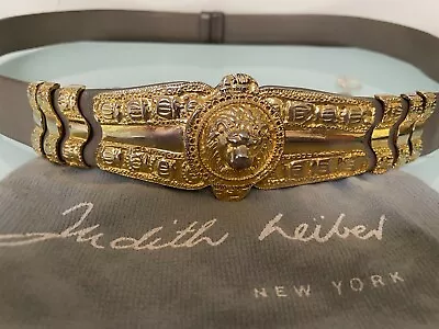 Vintage Judith Leiber Gold Medallion Lion Head Buckle  Grey Belt • $49.99