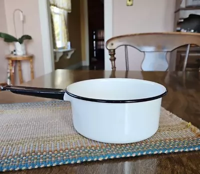 Vintage Enamelware Sauce Pan Pot With Handle White With Black Rim & Handle • $9