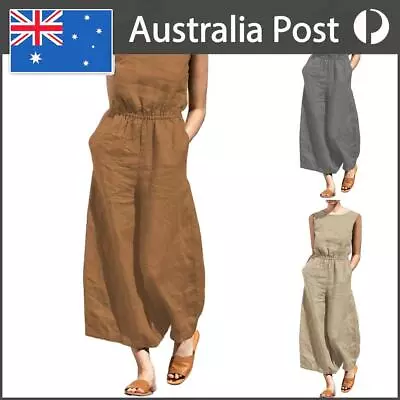 Cotton Wide Leg Jumpsuits Solid Color Simple Women Sleeveless Rompers Fashion • $22.69