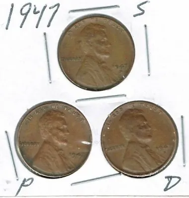 1947-D+P+S Circulated Business Strike Copper One Cent Coin! • $1.25