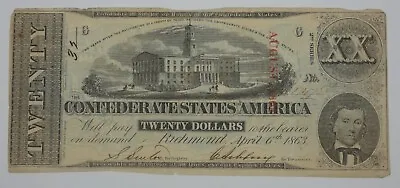 US Confederate Currency April 6th 1863 $20 VERY FINE T-58 Punch Cancelled • $59.50