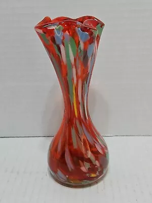Vintage Ucagco Art Glass Vase Red/ Multicolored Ruffeled 7  Flair Bottom Vase  • $17