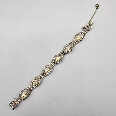 Vintage Aurora Borealis Crystal Bracelet Gold Tone AB Navette Safety Chain 6.75  • $39.99