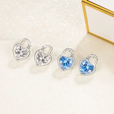 925 Sterling Silver Love Heart Blue CZ Padlock Stud Earrings Women Girl Gift UK • £3.45