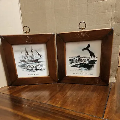 Set Of 2 H&R Johnson Ceramic Tile Framed Painted Sail Boats Ships Whaling • $19.65