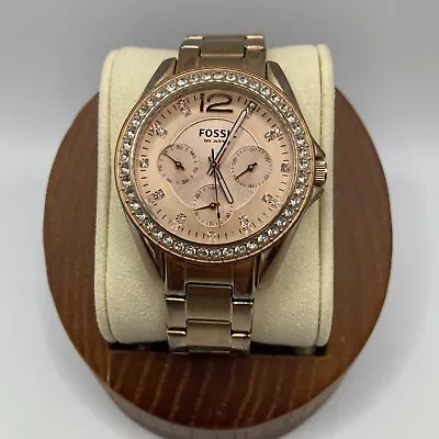 Fossil Ladies 38mm Watch Riley Rose Gold Tone Day/Date/24H WR - Runs • $19.99