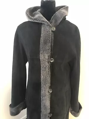 Maximilian 100% Genuine Shearling Coat Black/Gray Hooded XS • $250