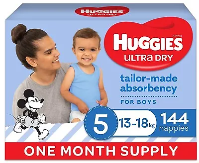 $82.25 • Buy Huggies Ultra Dry Nappies, Boys, Size 5 Walker (13-18kg), 144 Count, One-Month