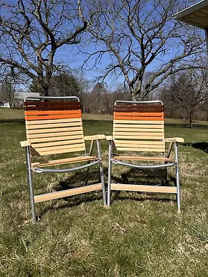 Vintage Pair Of Sun Terrace Aluminum Lawn Patio Chairs Retro Brown Vinyl Strap • $148.75
