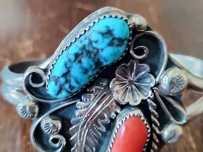 Native American Navajo Sterling Silver Turquoise Coral Vintage Benchmarked • $140