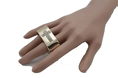 Women Gold Metal Wide Ring Fashion 2 Finger Religious Cross Bling Trendy Jewelry • $9.99