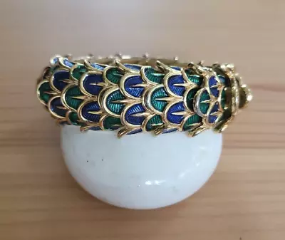 Vintage Boucher Peacock Feather Enamel  Blue Green Stretch Bracelet Signed Rare • $395