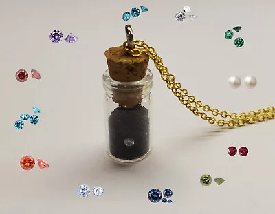 £5 • Buy Birthstone In A Mini Jar Necklace- Handmade Small Charm- Black Sand-Corked Jar
