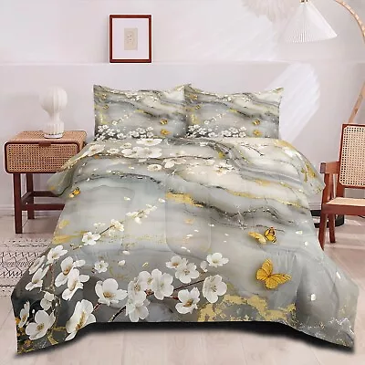 Gray Marble Comforter Set Queen Size White Cherry Blossom Bedding Set Gold Bu... • $100.78