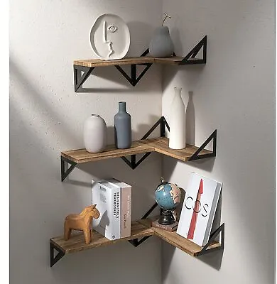 £19.92 • Buy 3x Corner Wall Shelves Industrial Wood Floating Shelf For Souvenirs Ornaments De